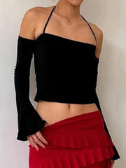 Solid Halter Off Shoulder Long Sleeve Tee