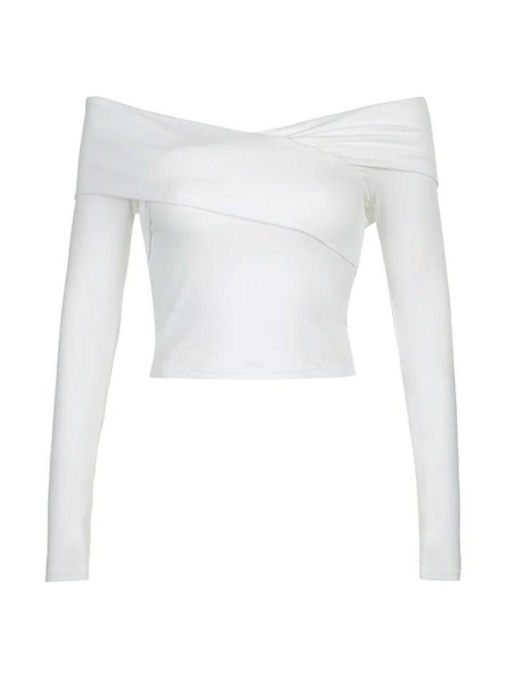 Solid Off Shoulder Crossover Long Sleeve Tee