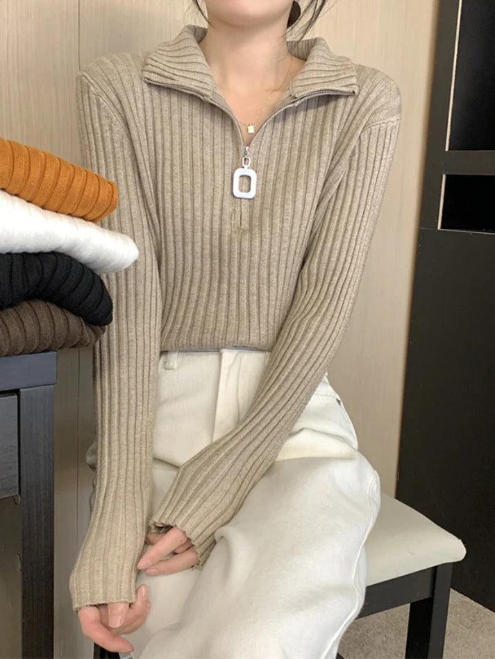 Solid Half Zip Ribbed Knit Sweater