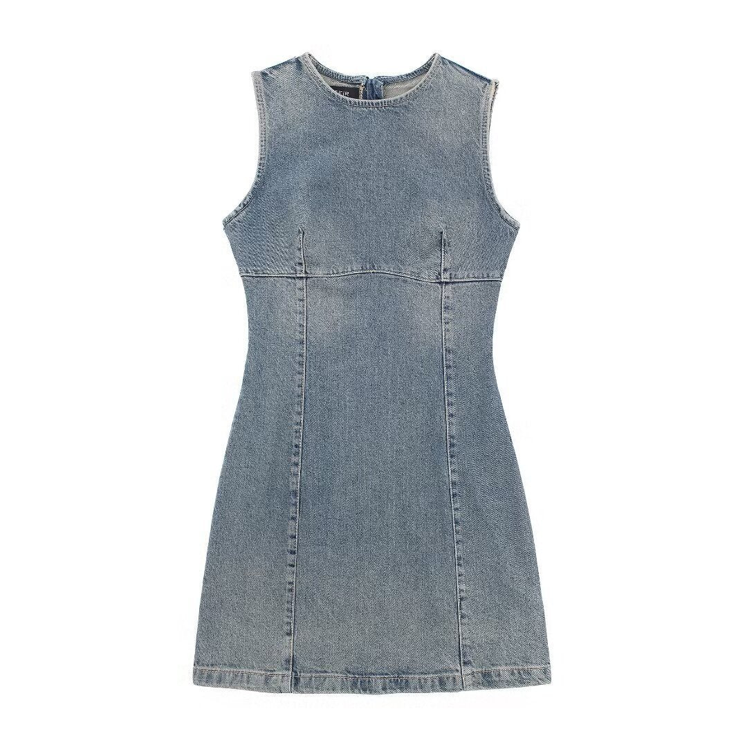 Washed Blue Sleeveless Mini Denim Dress