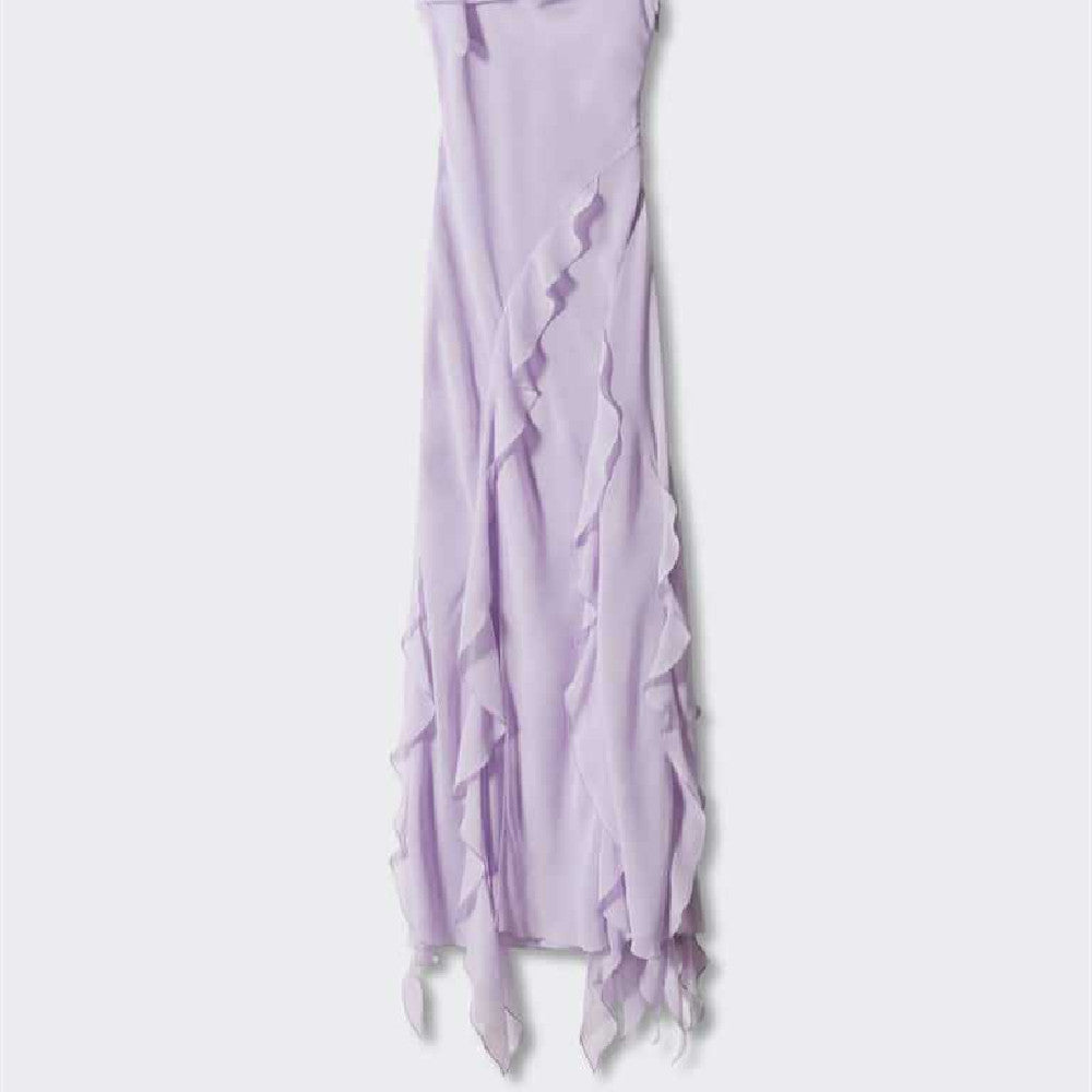 Lavender Side Slit Backless Maxi Dress With Ruffle Detail