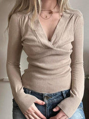 Solid V Neck Ruched Sweater