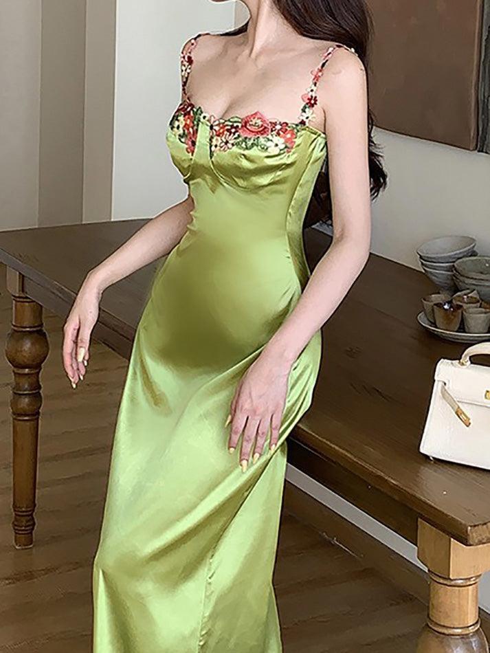 Sexy Spaghetti Strap Floral Satin Maxi Dress