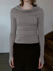 Basic Grey Stand Collar Long Sleeve Top