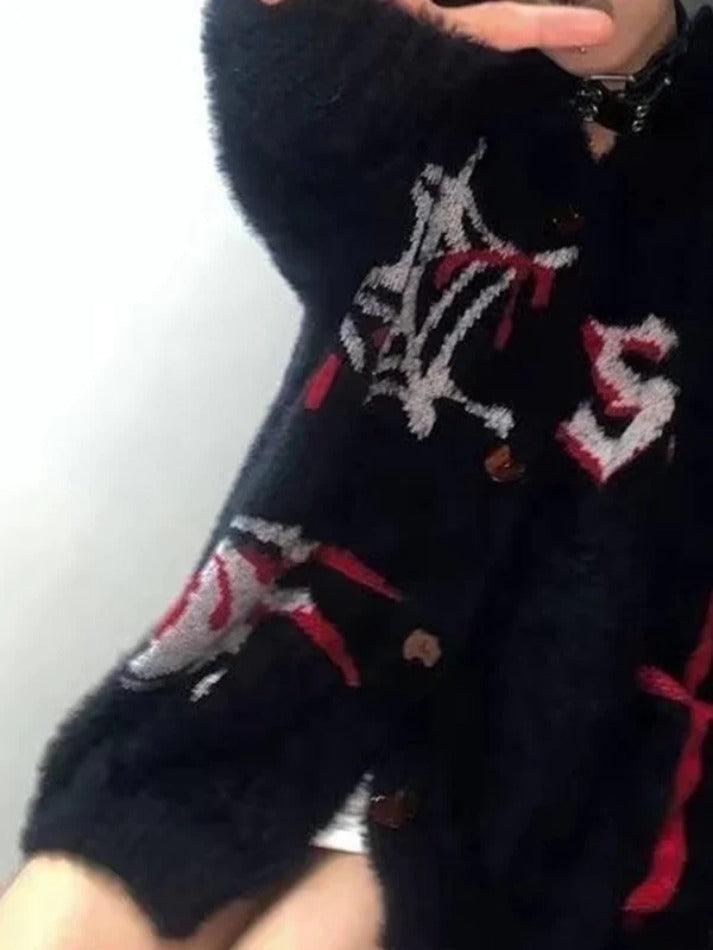Spider Web Print Fuzzy Loose Cardigan