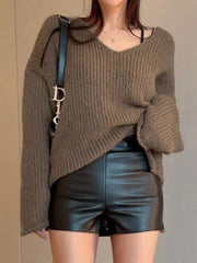 Solid V Neck Slit Rolled Sweater