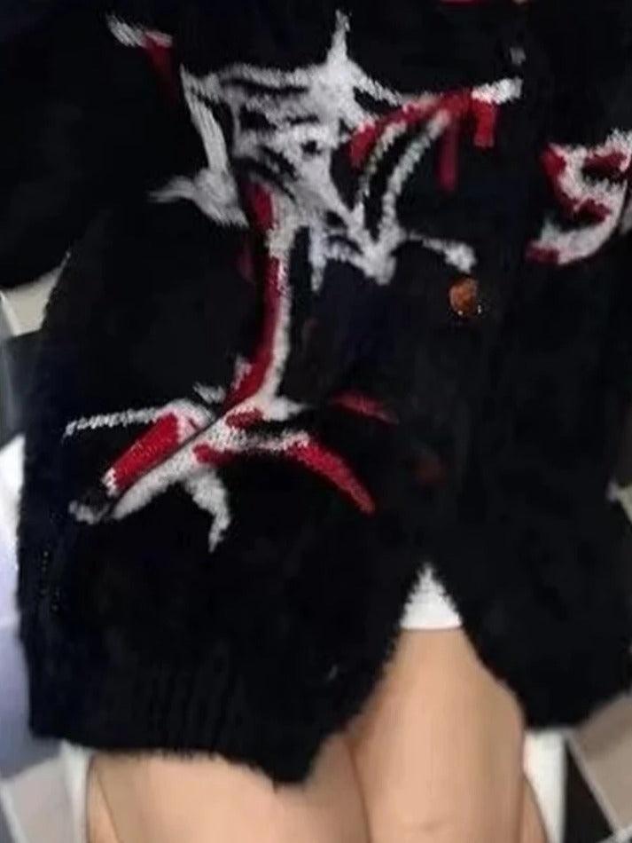 Spider Web Print Fuzzy Loose Cardigan