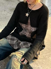 Vintage Plaid Star Patch Crew Neck Long Sleeve Knit