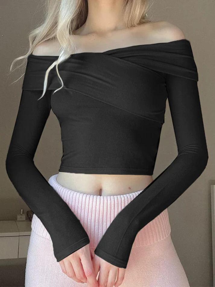 Solid Off Shoulder Crossover Design Long Sleeve Tee