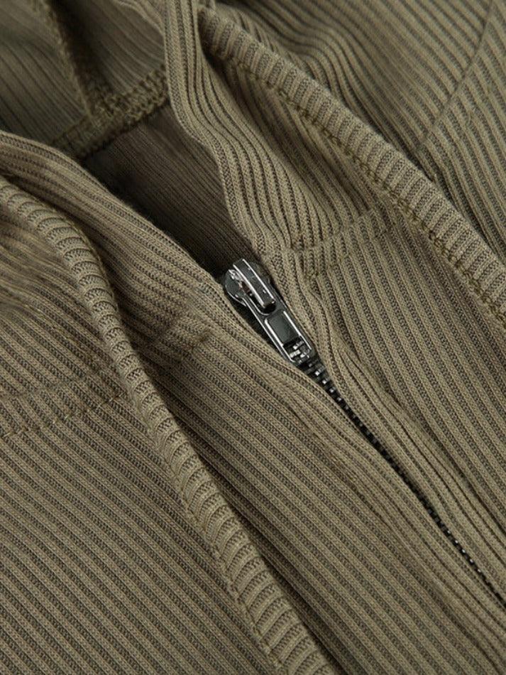 Solid Hooded Irregular Hem Double Zipper Long Sleeve Knit