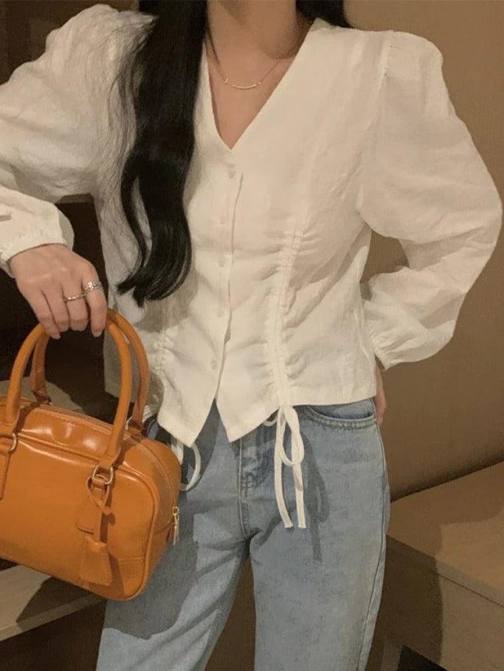 Lace Up Button Front Long Sleeve Blouse