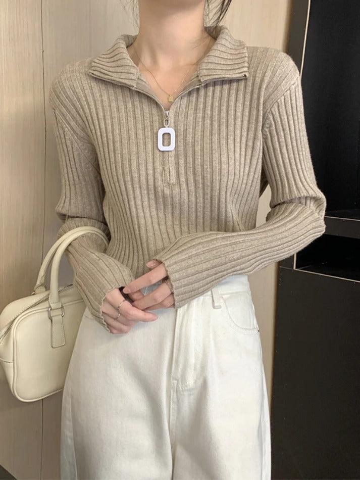 Solid Half Zip Ribbed Knit Sweater