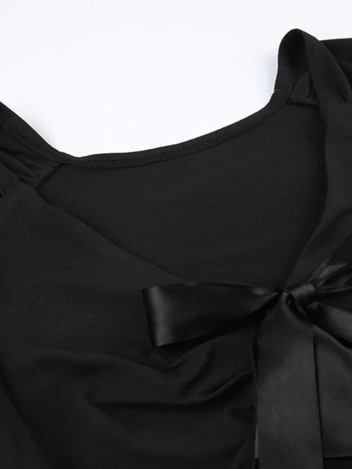 V Neck Tie Up Bow Long Sleeve Tee