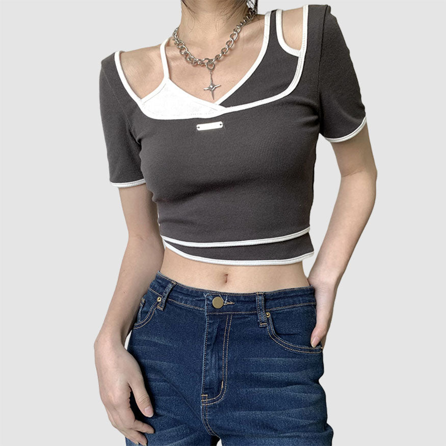 Oluolin Fake Two Irregular Crop Top