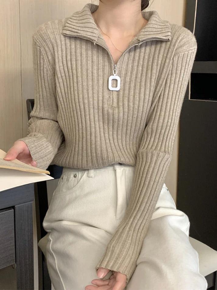 Solid Half Zip Ribbed Knit Sweater