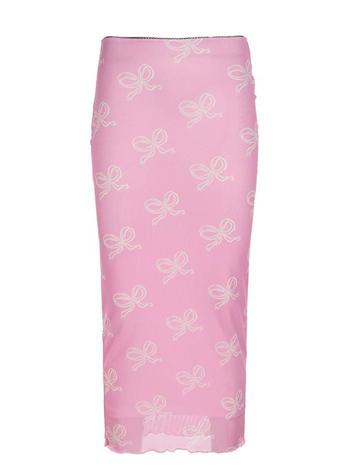 Vintage Bow Print Mesh Midi Skirt
