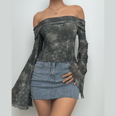 Long flared sleeve off shoulder print mesh top