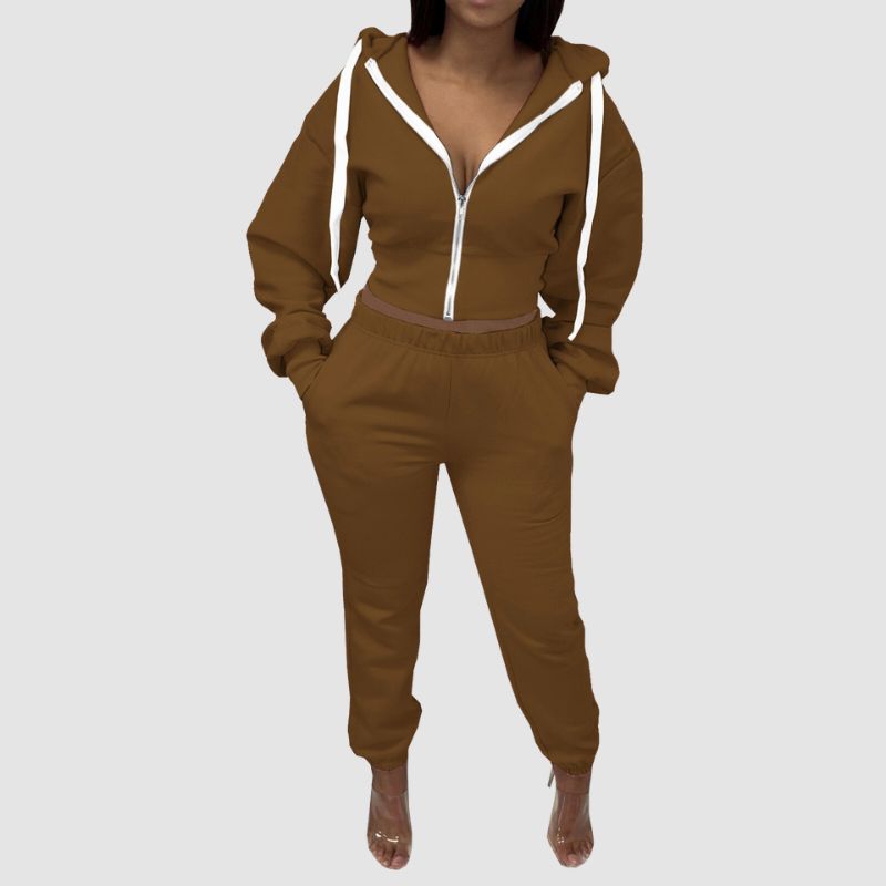 Solid Color Zip Hoodies Pant Set