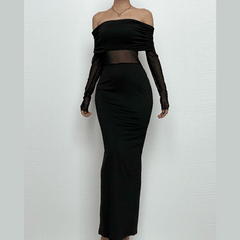 Long sleeve off shoulder mesh patchwork maxi dress