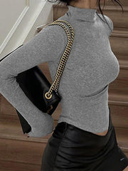 Solid Mock Neck Curvy Hem Long Sleeve Tee
