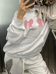 Street Bow Print Drawstring Oversized Hoodie