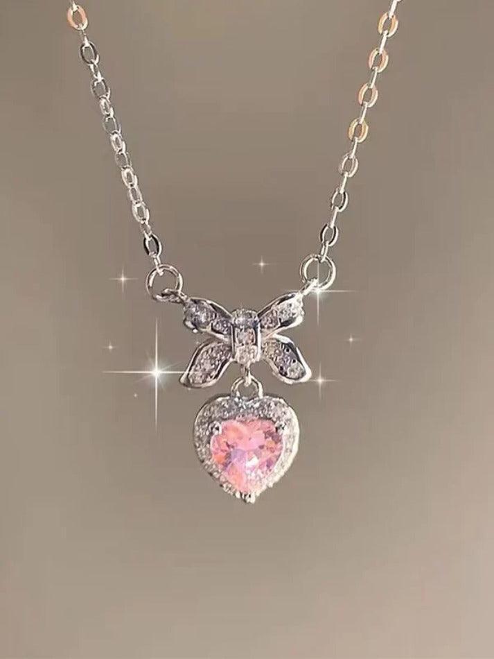 Sweet Glittering Bow Pink Heart Pendant Necklace