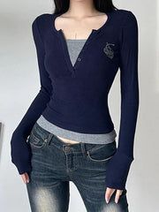 Contrast Color Print Fake Two Piece Long Sleeve Knit