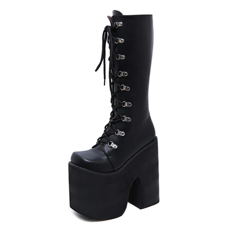 Side Zipper Black Lace Up Long Boots