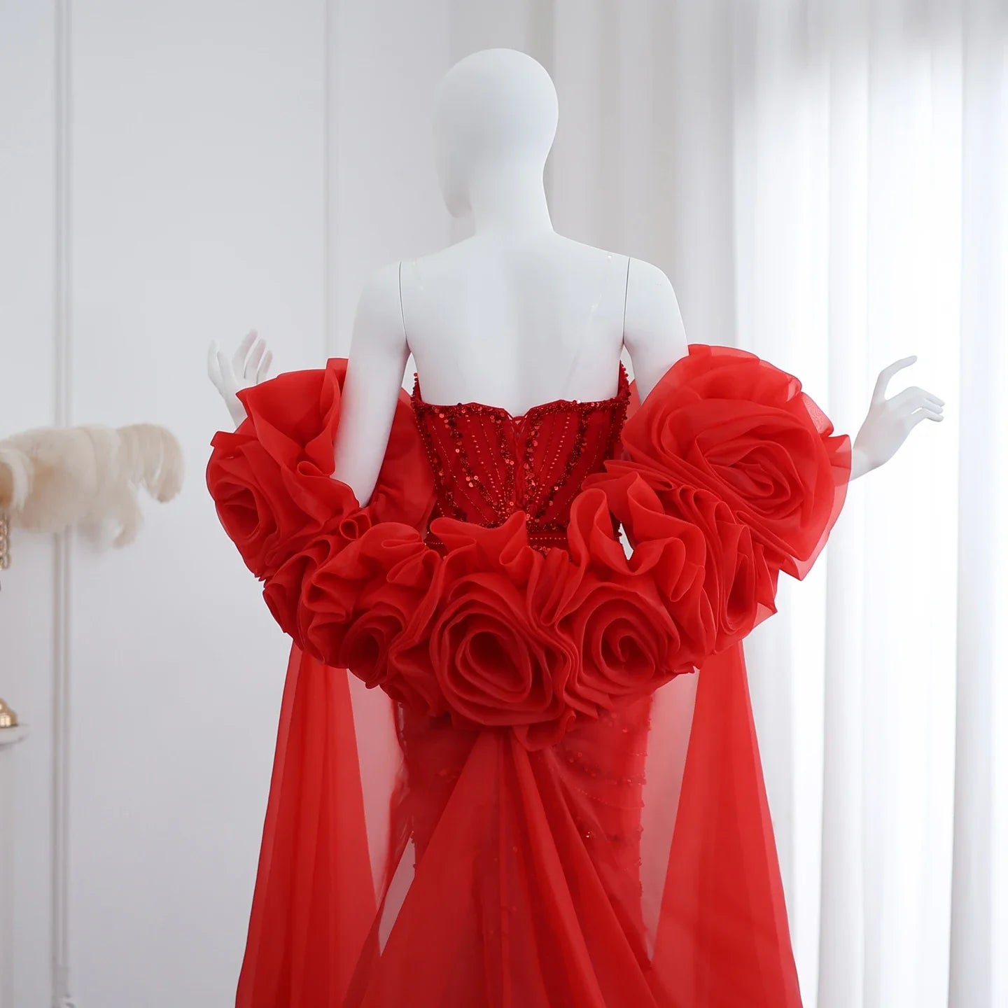 Beaded 3D Flower Wine Red Evening Dress with Cape
