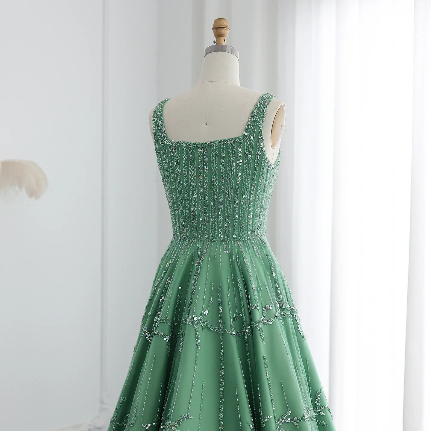Beaded Green Spaghetti Strap Elegant Evening dress