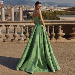Beaded Green Spaghetti Strap Elegant Evening dress