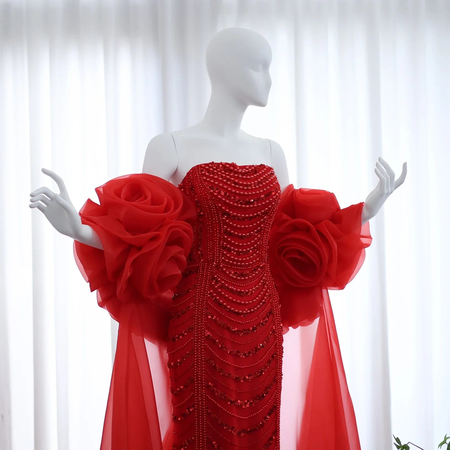 Beaded 3D Flower Wine Red Evening Dress with Cape