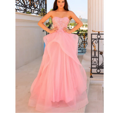 Sweetheart Pink Embroidered Fluffy Tulle Prom Dress
