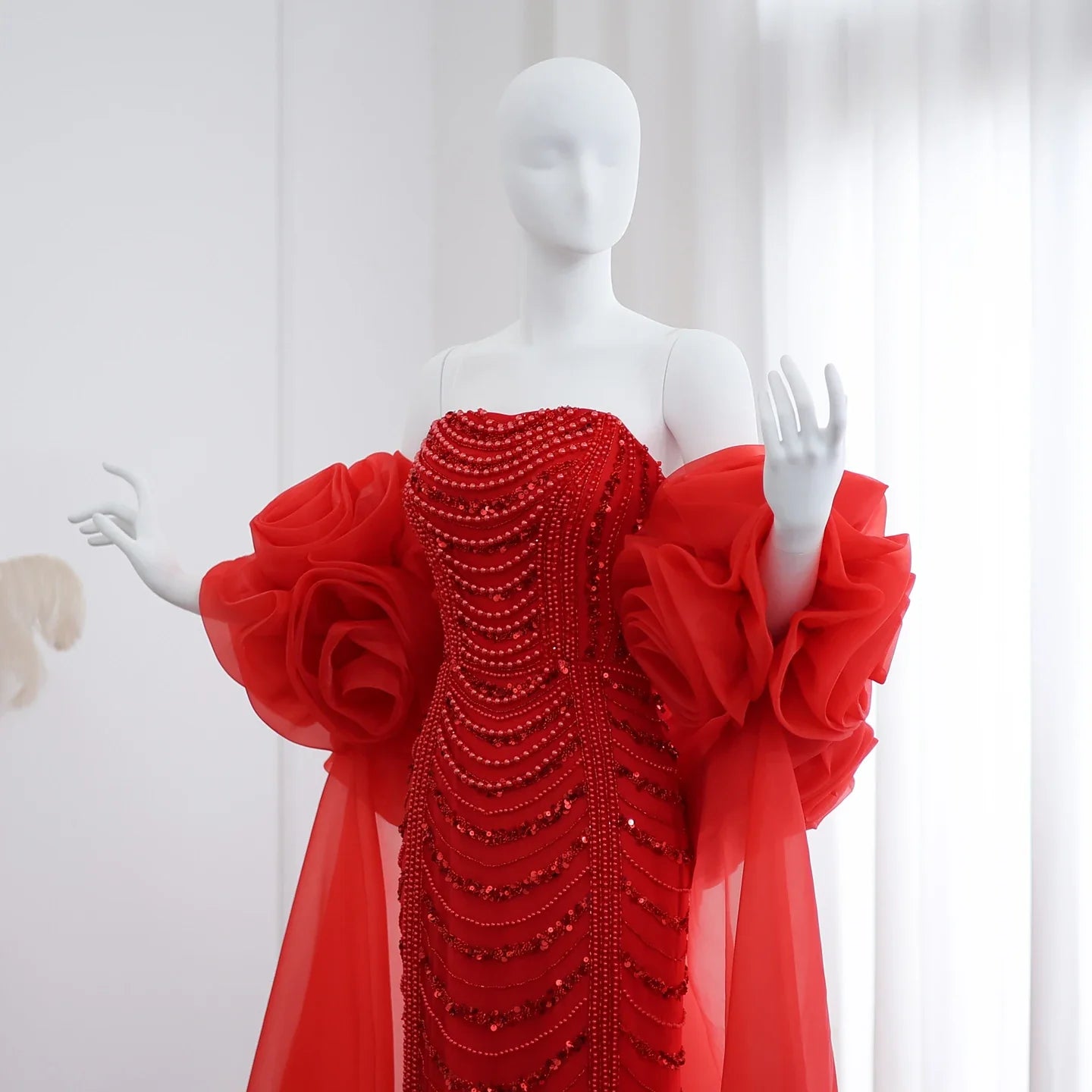 Beaded 3D Flower Wine Red Evening Dress with Cape