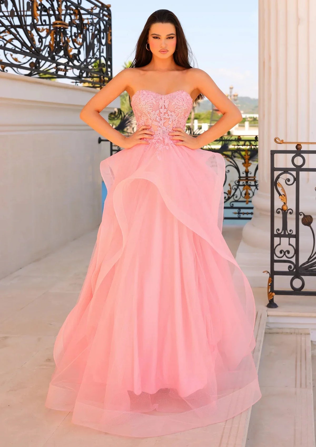 Sweetheart Pink Embroidered Fluffy Tulle Prom Dress