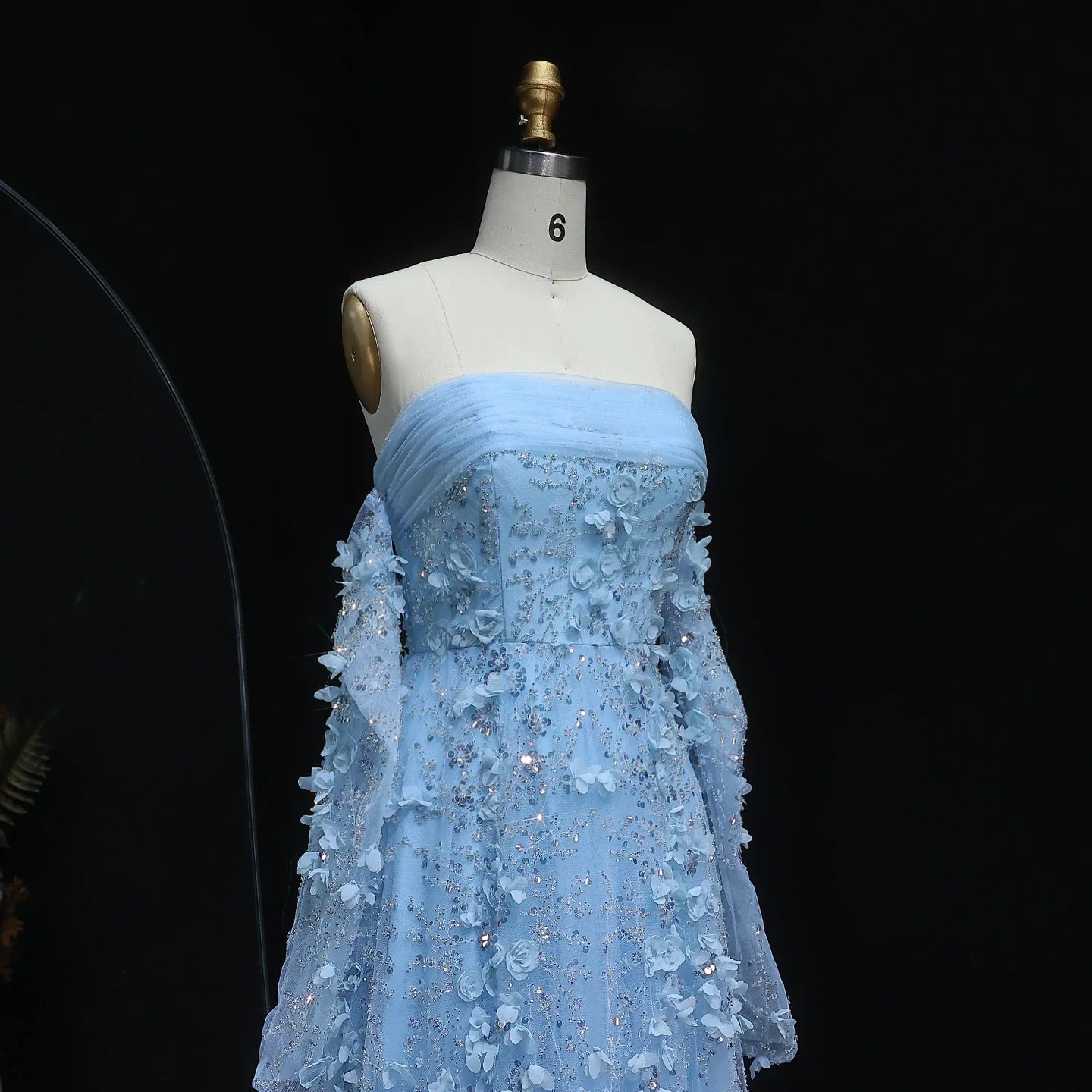 3D Flowers Strapless Evening Dress with Long Sleeves