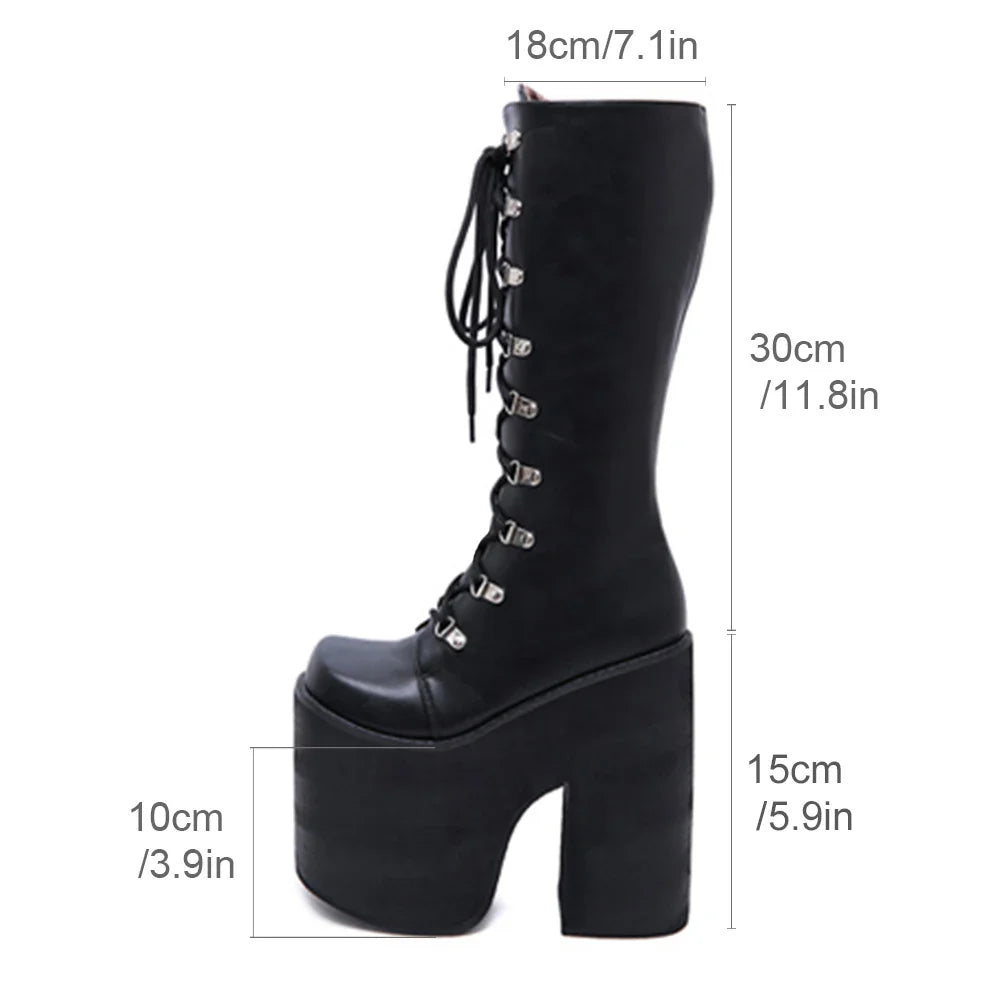 Side Zipper Black Lace Up Long Boots