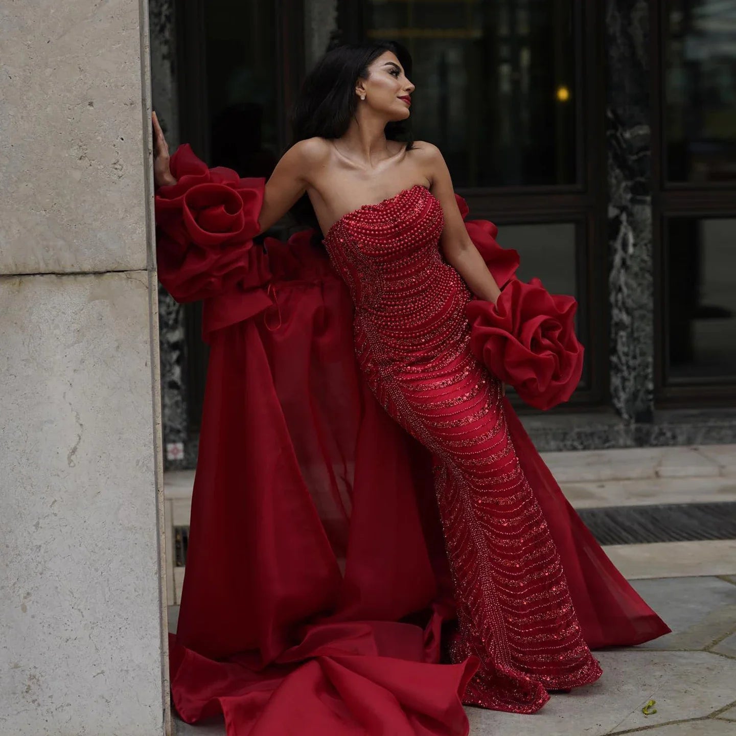 Beaded 3D Flower Wine Red Evening Dress with Cape