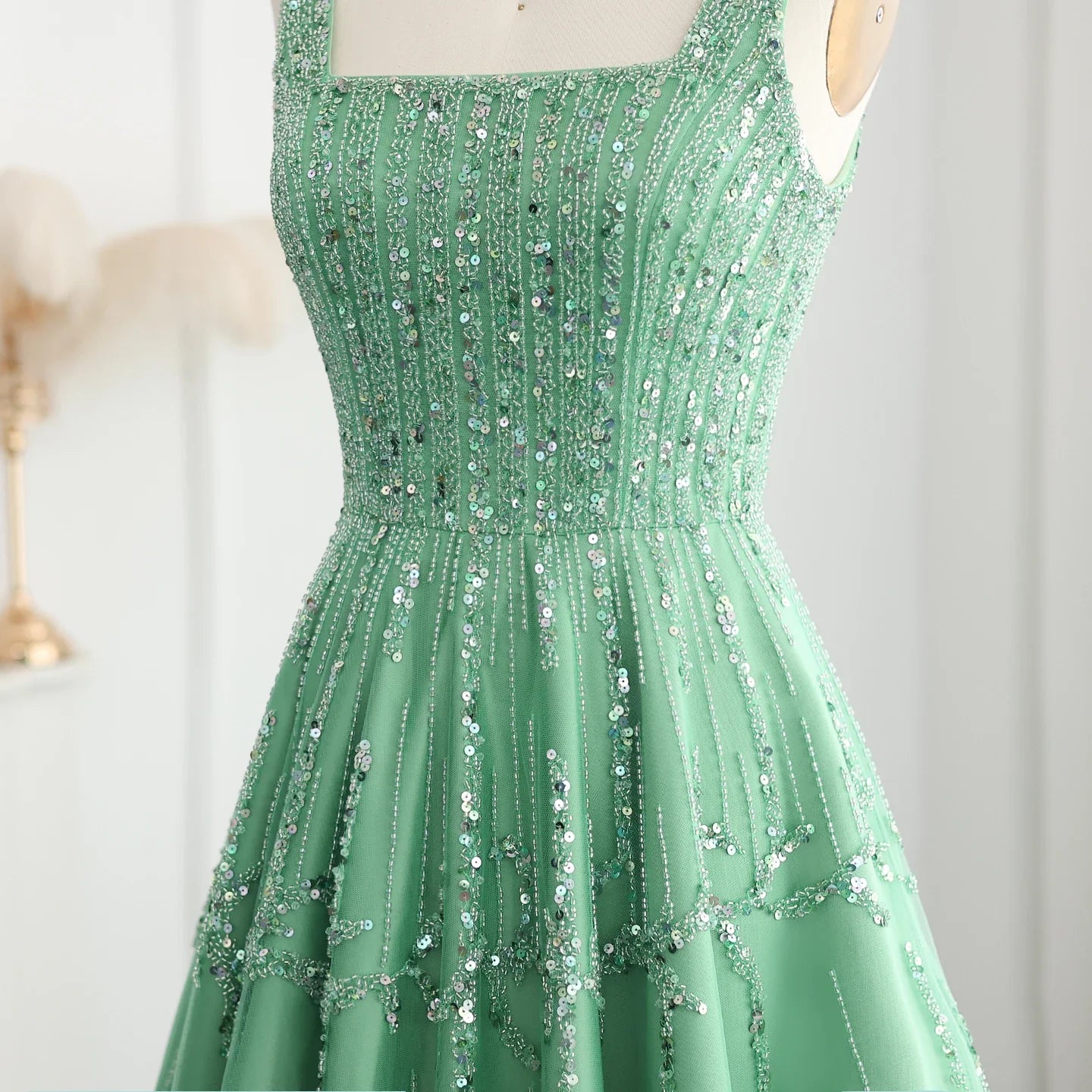 Beaded Green Spaghetti Strap Elegant Evening dress