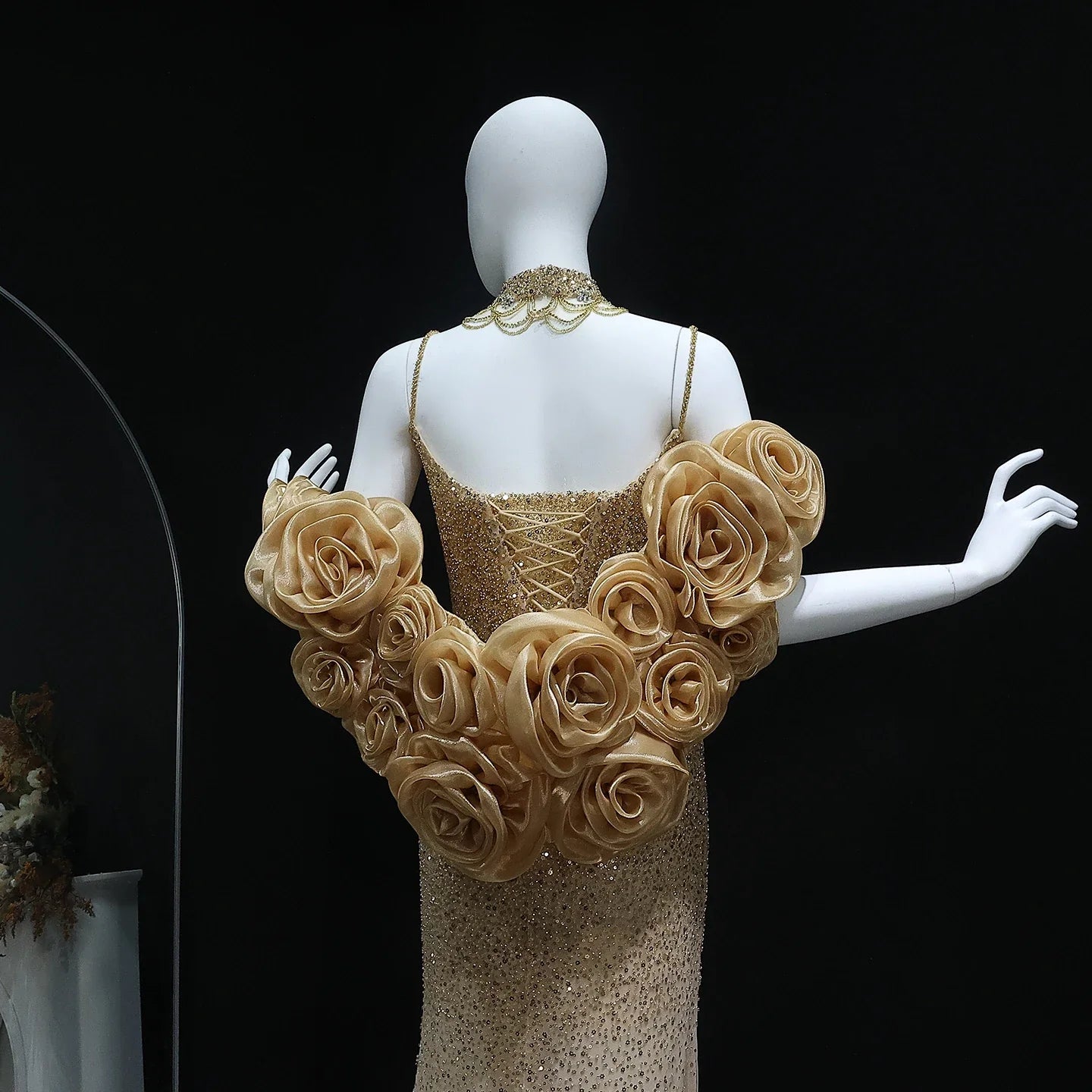 3D Flowers Gold Chokers Evening Dress with Cape
