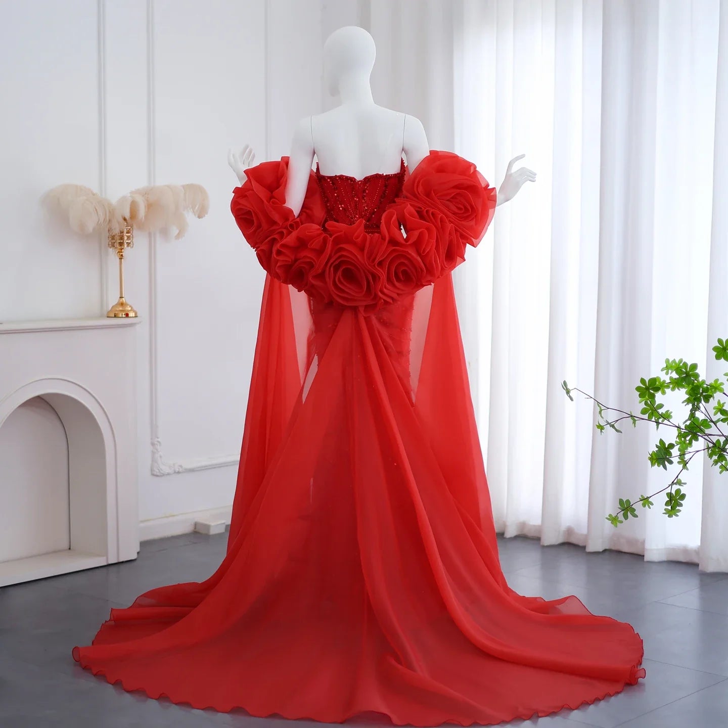 Beaded 3D Flower Wine Red Evening Dress with Cape