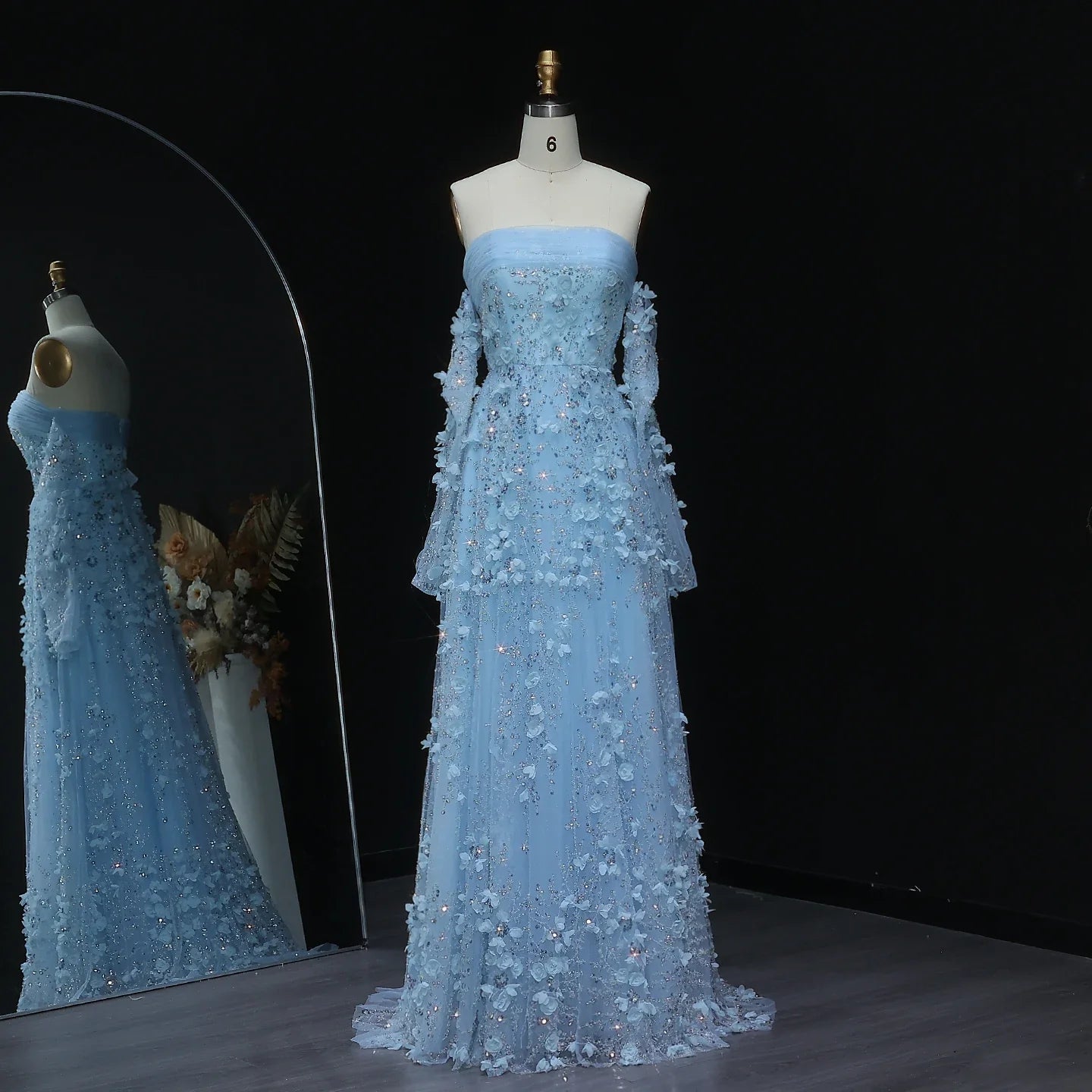3D Flowers Strapless Evening Dress with Long Sleeves