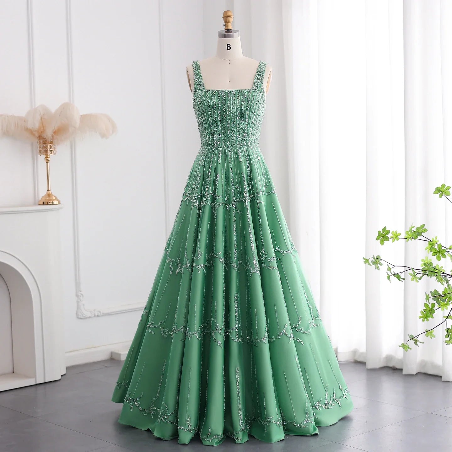 Beaded Green Spaghetti Strap Elegant Evening dress