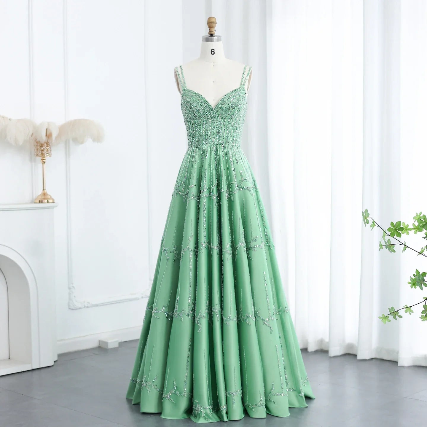 Beaded Green Spaghetti Strap Elegant Evening dress