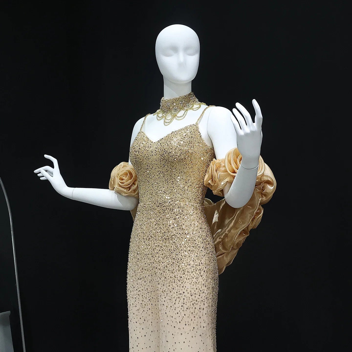 3D Flowers Gold Chokers Evening Dress with Cape