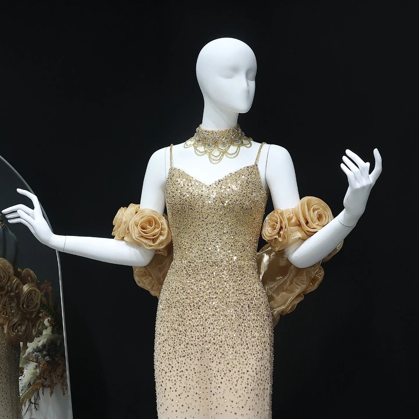 3D Flowers Gold Chokers Evening Dress with Cape