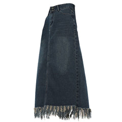 Aesthetic Long Denim Fringe Skirt