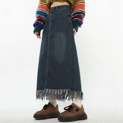 Aesthetic Long Denim Fringe Skirt