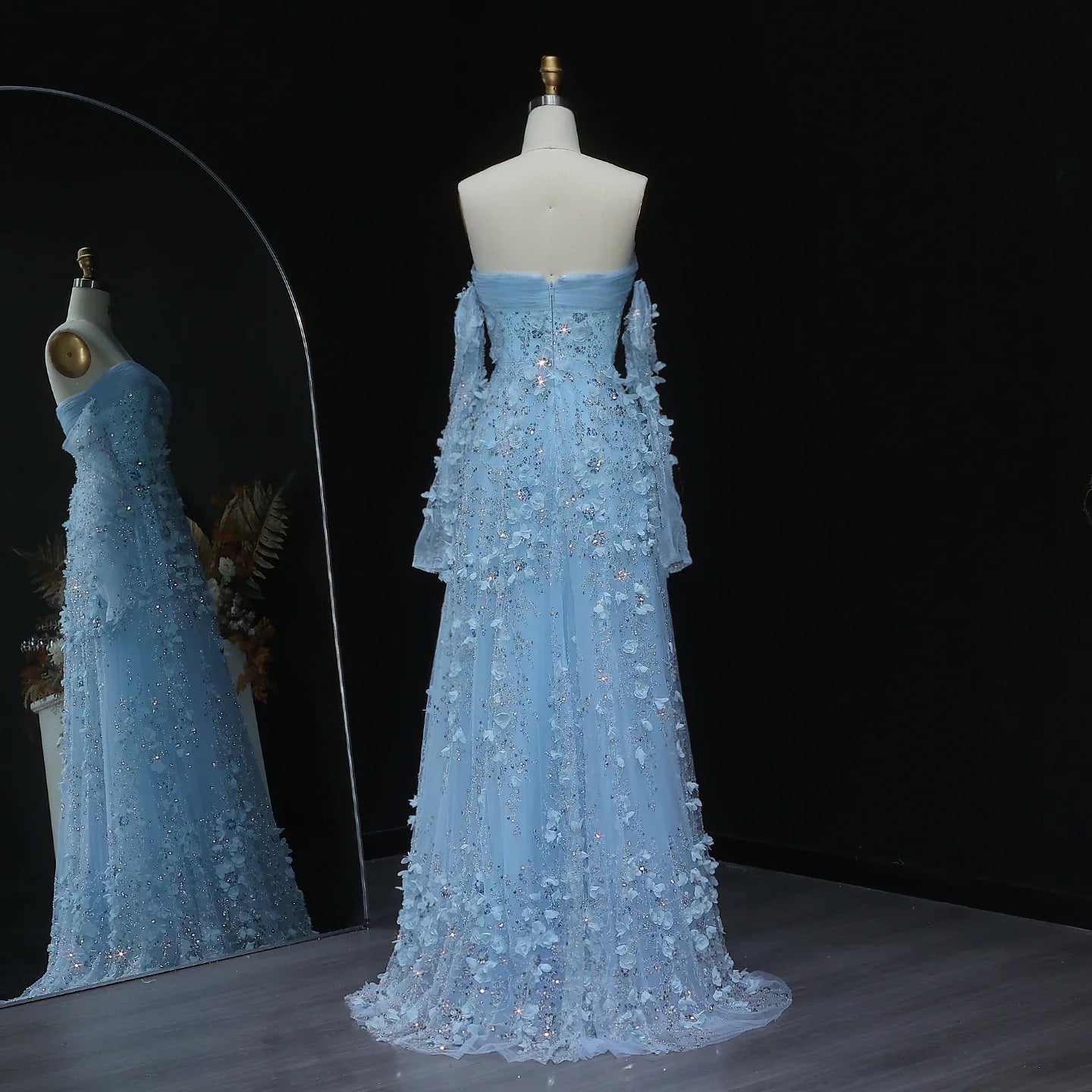 3D Flowers Strapless Evening Dress with Long Sleeves