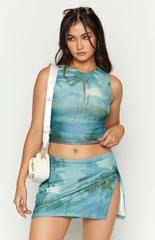 Afterthought Blue Print Mesh Top